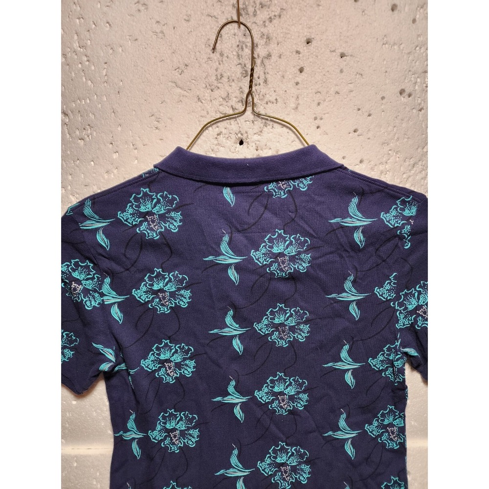 Guess Top Womens XL Blue Floral Short Sleeve Blouse Tank Collared Quarter Button - Picture 7 of 15